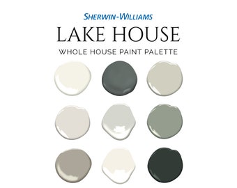 Lake House Paint Palette, Sherwin-Williams, Mountain House Paint Palette, Cabin Paint Colors, Modern Rustic, Evergreen Fog, Lake House Plans