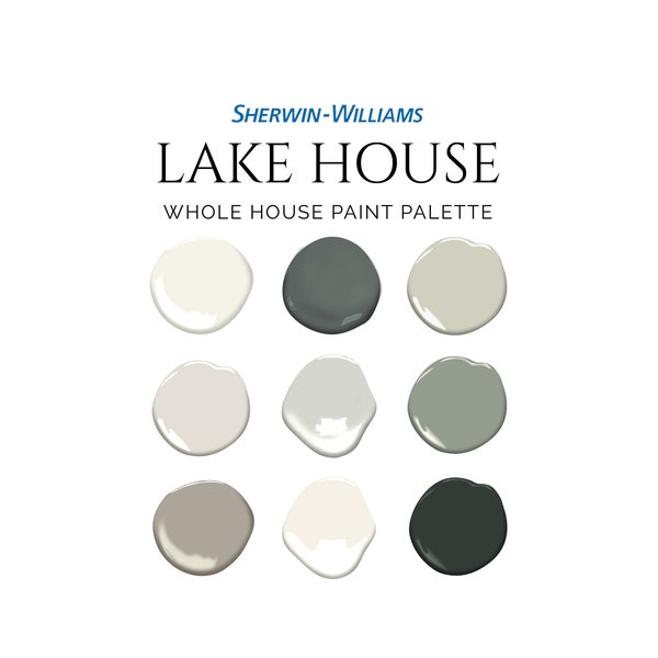 Lake House Paint Palette, Sherwin-Williams, Mountain House Paint Palette, Cabin Paint Colors, Modern Rustic, Evergreen Fog, Lake House Plans