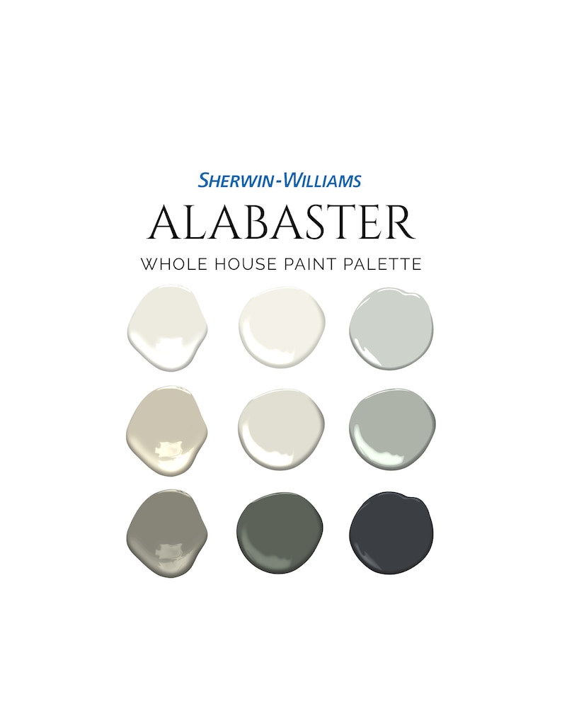 May include: A paint color palette featuring nine shades of gray, from light to dark, with the brand name "Sherwin-Williams" and the color name "Alabaster" in white text on a blue background. The text "Whole House Paint Palette" is also included in white text on a blue background.