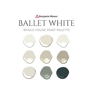 Ballet White Paint Palette, Benjamin Moore, Whole House Interior Paint Colors, OC-9, Muskoka Trail, Ballet White and White Dove, Salamander
