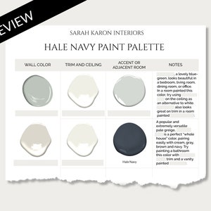 K&ouml;nnte beinhalten: Eine Farbpalette mit Hale Navy, einem dunklen Blaugr&uuml;n, sowie drei helleren Graut&ouml;nen. Die Palette ist in Tabellenform dargestellt, mit den Farbnamen und Notizen zu jeder Farbe.