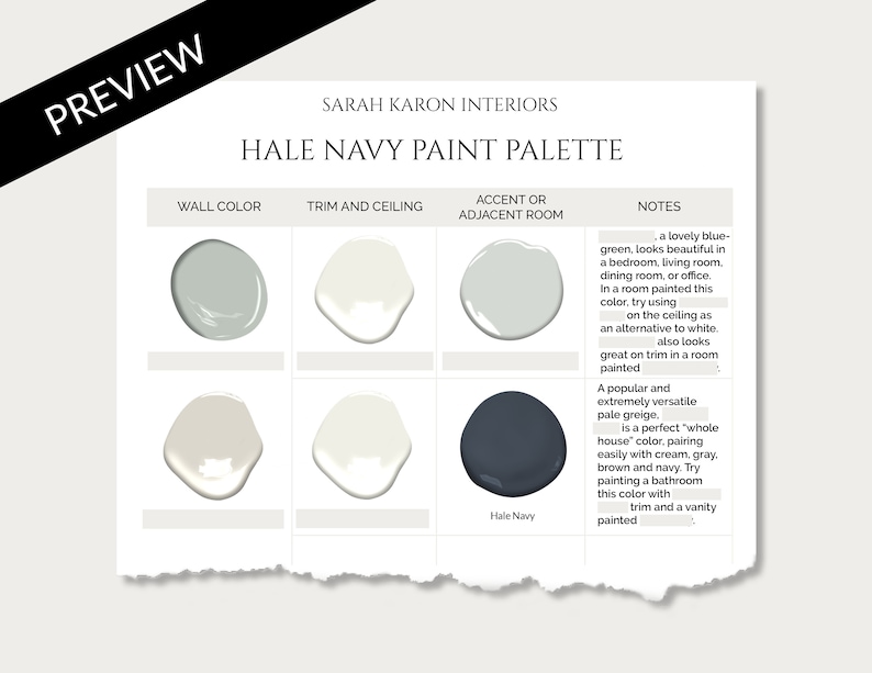 K&ouml;nnte beinhalten: Eine Farbpalette mit Hale Navy, einem dunklen Blaugr&uuml;n, sowie drei helleren Graut&ouml;nen. Die Palette ist in Tabellenform dargestellt, mit den Farbnamen und Notizen zu jeder Farbe.