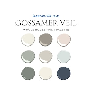 May include: A paint color palette called "Gossamer Veil" by Sherwin-Williams. The palette features nine paint chips in shades of gray, white, and blue.