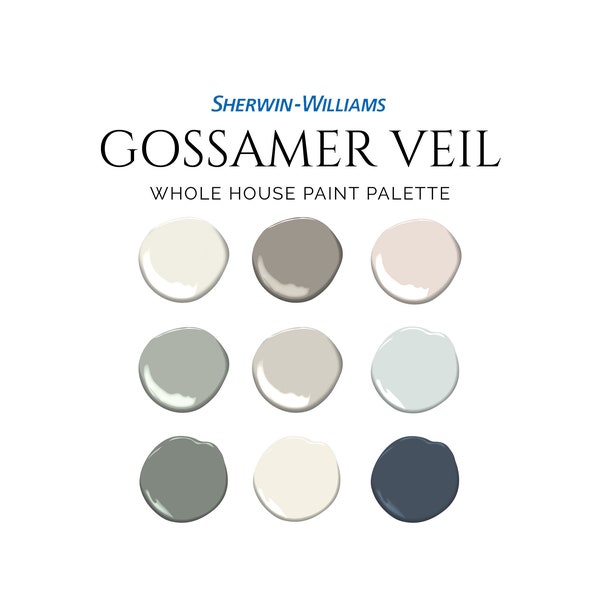 Sherwin Williams Gossamer Veil Palette, Coastal Palette, Color Palette, Complementary Whole House Paint Colors, Retreat, Alabaster