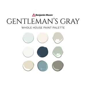 Paleta de grises para caballeros de Benjamin Moore, paleta de colores elegantes, colores de pintura Benjamin Moore más vendidos, colores de pintura complementarios para toda la casa