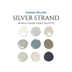 Sherwin Williams Silver Strand Palette, Silver Strand Paint, Coastal Palette, Quiet Moments, Blue Paint, Complementary House Paint Colors