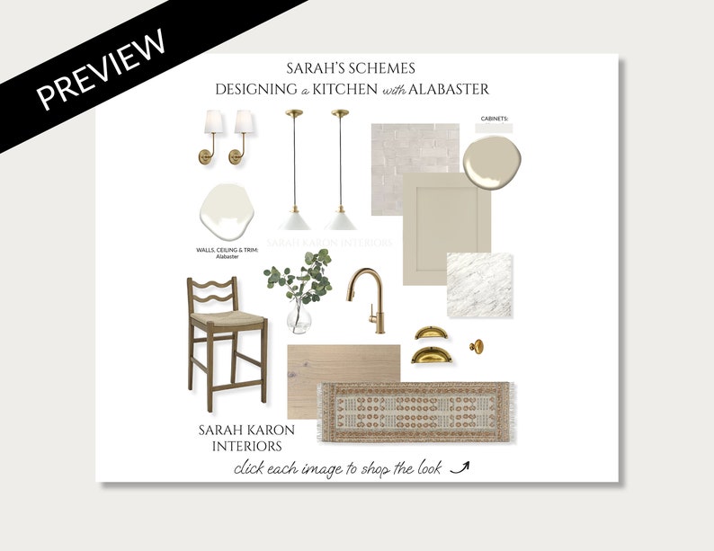 May include: A kitchen design mood board featuring a variety of materials and finishes, including a light beige paint color, white pendant lights, a gold faucet, and a brown wooden bar stool. The text "SARAH'S SCHEMES DESIGNING a KITCHEN with ALABASTER" is at the top of the board.