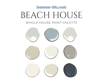 Beach House Paint Palette, Coastal Paint Color Palette, Sherwin-Williams, Serena & Lily Paint Colors, Complementary Whole House Paint Colors