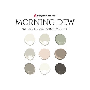Benjamin Moore Morning Dew Palette, Fresh Color Palette, Bestselling Benjamin Moore Paint Colors, Complementary Whole House Paint Colors