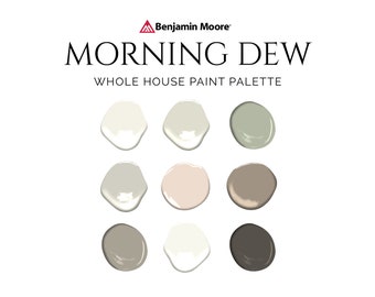 Benjamin Moore Morning Dew Palette, Fresh Color Palette, Bestselling Benjamin Moore Paint Colors, Complementary Whole House Paint Colors