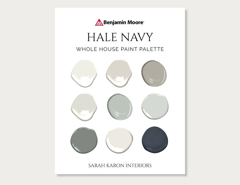 K&ouml;nnte beinhalten: Eine Farbpalette mit neun Farbmustern in Graut&ouml;nen und Blau. Die Palette tr&auml;gt den Titel "Hale Navy Whole House Paint Palette" und ist von Benjamin Moore.