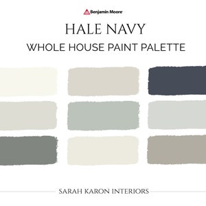 K&ouml;nnte beinhalten: Eine Farbpalette f&uuml;r die Wandfarbe mit Benjamin Moores Hale Navy, einem dunklen Blau, und acht weiteren abgestimmten Farben. Die Palette tr&auml;gt den Titel "Whole House Paint Palette" und umfasst eine Vielzahl von Wei&szlig;-, Grau- und Gr&uuml;nt&ouml;nen.