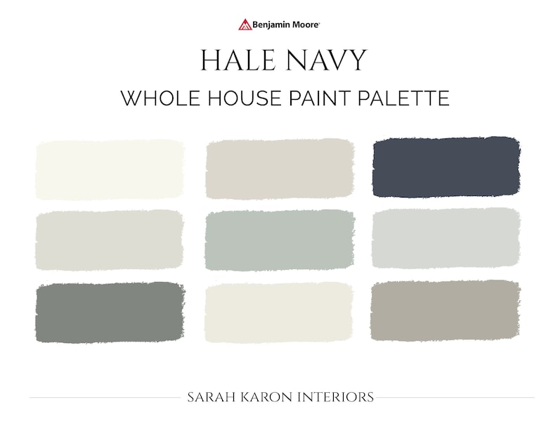 K&ouml;nnte beinhalten: Eine Farbpalette f&uuml;r die Wandfarbe mit Benjamin Moores Hale Navy, einem dunklen Blau, und acht weiteren abgestimmten Farben. Die Palette tr&auml;gt den Titel "Whole House Paint Palette" und umfasst eine Vielzahl von Wei&szlig;-, Grau- und Gr&uuml;nt&ouml;nen.