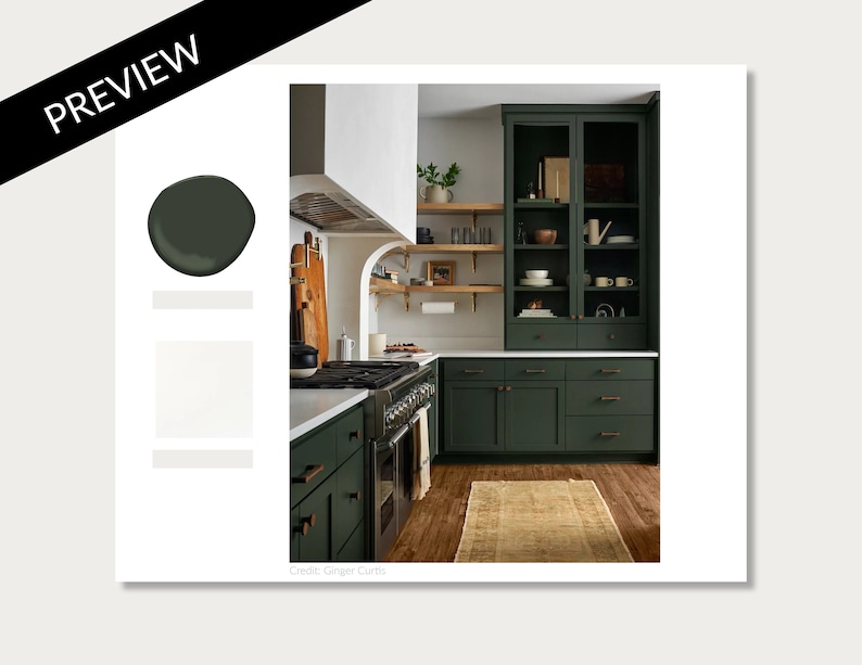 May include: A kitchen with dark green cabinets, a white countertop, and a brown wood floor. The cabinets have brass hardware and glass doors. There is a large range with a black hood above it. The kitchen has a modern farmhouse style.