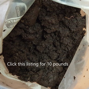 May include: A close-up of a clear plastic bag filled with dark brown soil. The text "Click this listing for 10 pounds" is visible at the bottom of the image.