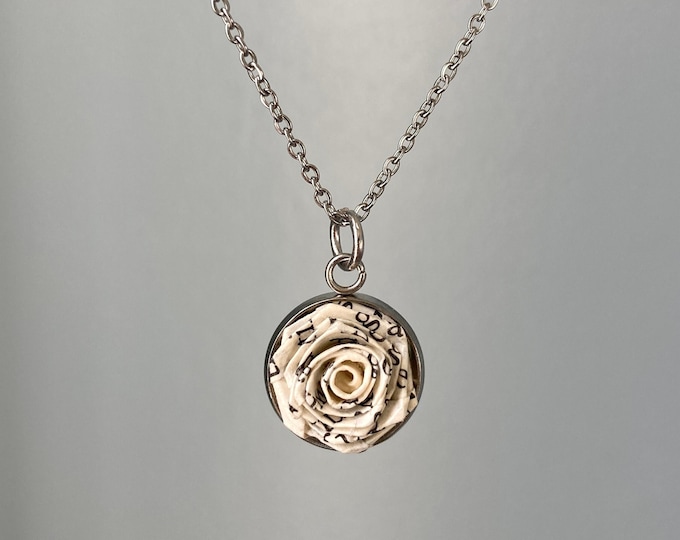 Book Paper Rose Necklace, First Anniversary Paper Gift for Her, Unique Whimsical Jewelry, Literary Gift for Book Lover, Flower Book Pendant