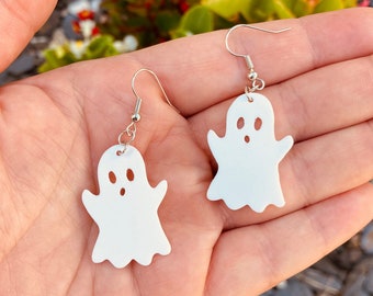 Upcycled Plastic White Ghost Earrings, Halloween Earrings Dangle, Recycled Jewelry, Cute Dangle Earrings for Fall