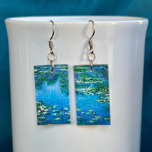 Recycled Monet Water Lillies Dangle Earrings, Handmade Paper Earrings, Recycled Jewelry, Art Lover Gifts for Art Teacher, Famous Paintings