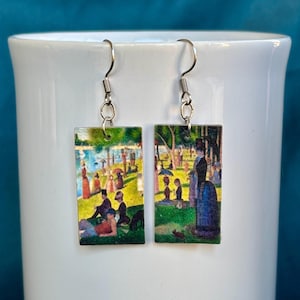 Recycled Paper Earrings, Seurat La Grande Jatte, Famous Painting Jewelry for Art Lovers, Art Teacher Gift for Her, Art Inspired