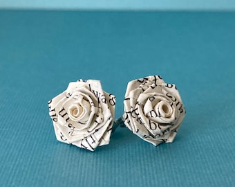 Recycled Book Paper Earrings, Paper Rose Book Stud Earrings , Upcycled Book Pages, Paper Jewelry, First Wedding Anniversary Gift for Her