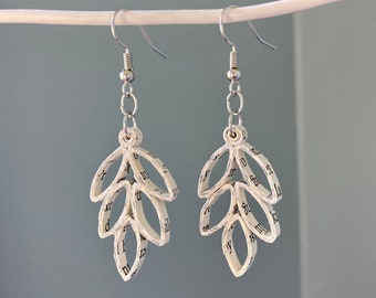 May include: A pair of leaf-shaped earrings. Each earring features three layered, cream-colored paper leaves with visible text. The earrings hang from silver-colored hooks and chains, creating a delicate and unique accessory.