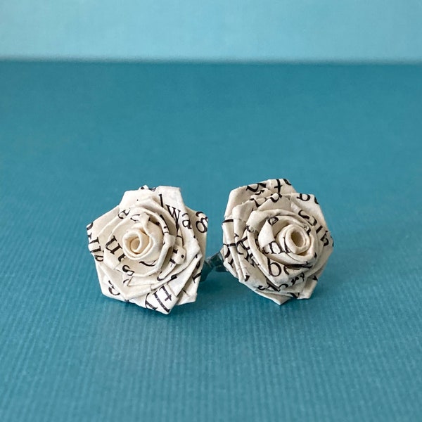 Recycled Book Paper Earrings, Paper Rose Book Stud Earrings , Upcycled Book Pages, Paper Jewelry, First Wedding Anniversary Gift for Her