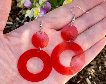 Upcycled Circle Red Earrings, Lightweight Plastic Earrings, Upcycled Jewelry, Birthday Gift for her, Upcycled Vintage Style Earrings