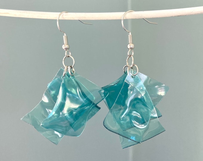 Recycled Plastic Bottle Earrings, Blue Dangle Earrings, Upcycled Jewelry Gifts for Women, Sustainable Gifts for Her, Reclaimed Plastic