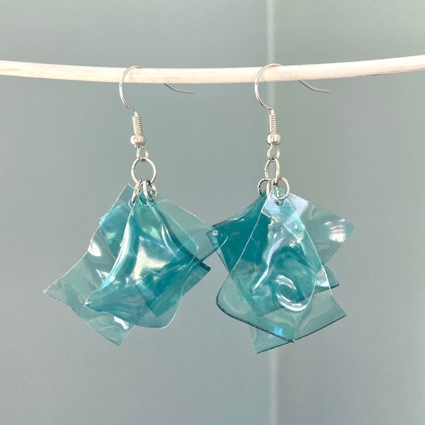 Upcycled Plastic Earrings, Blue Dangle Earrings, Recycled Gifts for Women, Eco Friendly Gifts for Her, Reclaimed Plastic