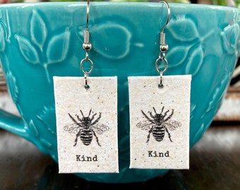 Recycled Paper Earrings, Bee Kind Earrings, Bee Jewelry, First Anniversary Gift for Her, Nature Lover, Unique Teacher Gifts