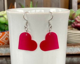 Recycled Red Heart Earrings Dangle, Recycled Plastic Jewelry, Eco Friendly Gift for Her, Unique Mother's Day Gifts