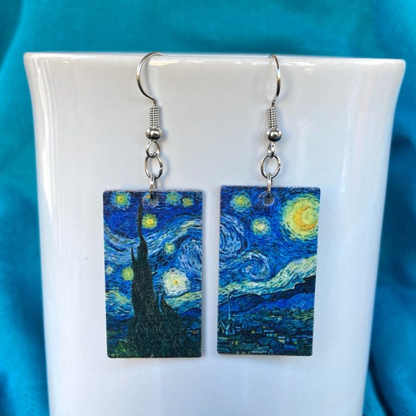 Vincent Van Gogh Starry Night Recycled Earrings, Handmade Paper Earrings, Recycled Jewelry, Art Teacher Gift for Art Lovers