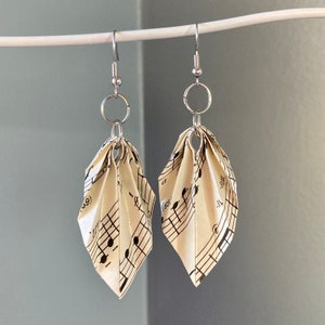 Recycled Sheet Music Earrings, Origami Leaf Paper Earrings, Recycled Jewelry, First Anniversary Gift for Her, Music Teacher Gift