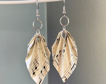 Recycled Sheet Music Earrings, Origami Leaf Paper Earrings, Recycled Jewelry, First Anniversary Gift for Her, Music Teacher Gift
