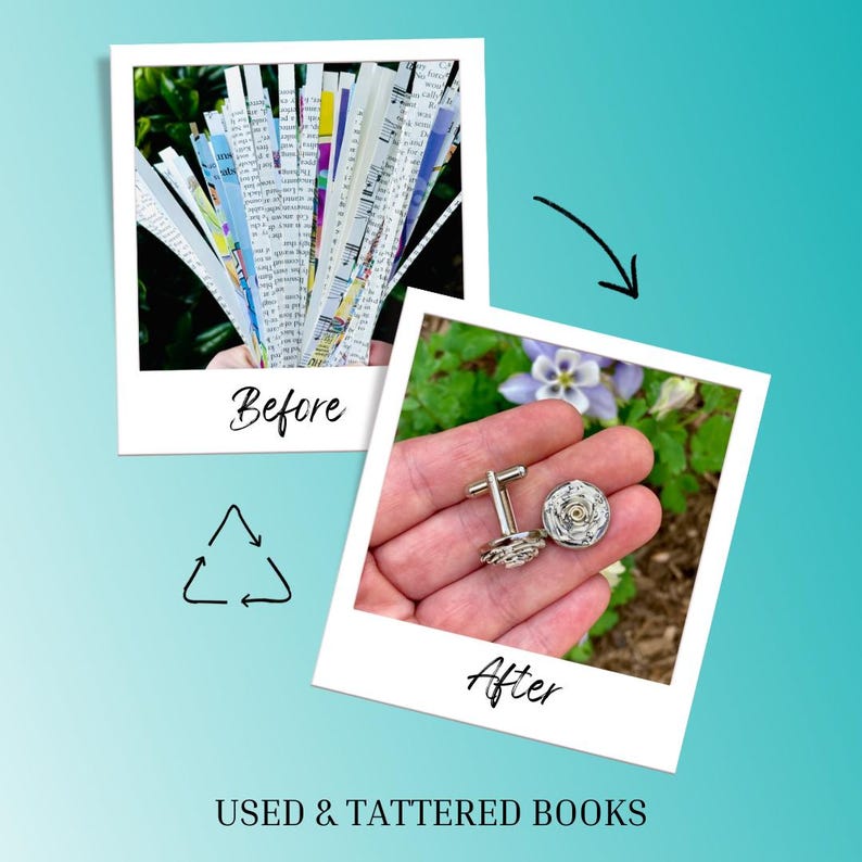 Op de afbeelding: Een voor-en-na vergelijking met stroken bedrukt papier uit gebruikte en versleten boeken aan de linkerkant en een paar zilverkleurige manchetknopen met een cirkelvormig, gestructureerd bloemmotief aan de rechterkant, inclusief een recyclingsymbool.
