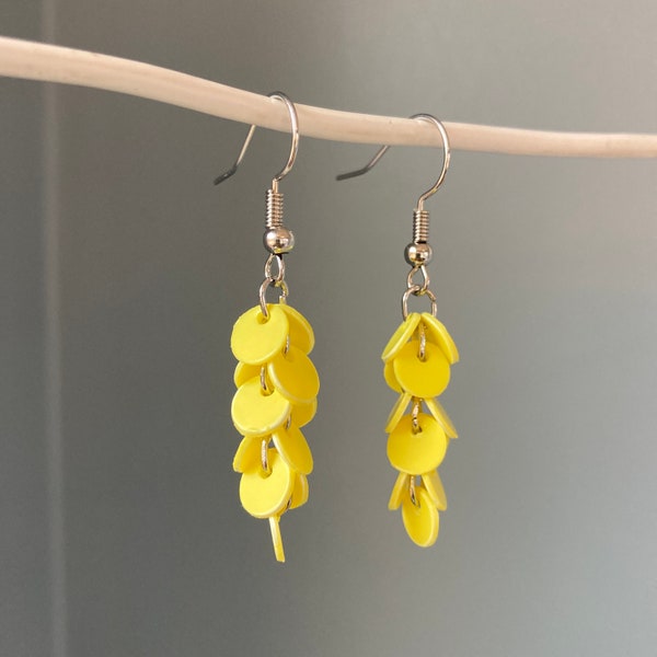 Recycled Yellow Plastic Dangle Earrings, Funky Gifts for Women, Eco Friendly Gifts for Her, Upcycled Reclaimed Jewelry