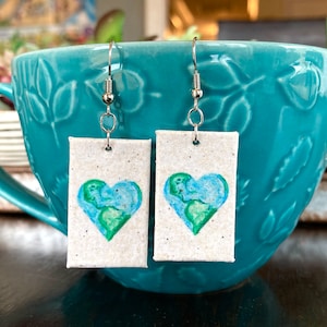Recycled Handmade Paper Earrings, Heart Earth Day Jewelry, Planet Earth Earrings, Environmental Gifts for Her
