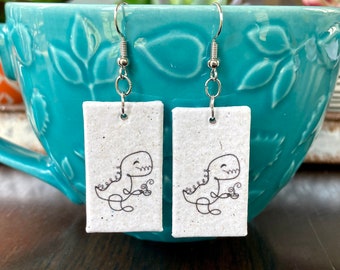 Recycled Paper Earrings, Line Art Dinosaur Earrings Dangle, Unique Paper Jewelry First Anniversary Gift, Birthday Gift for Her, Dino Gifts