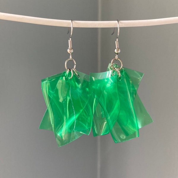 Upcycled Plastic Earrings, Green Dangle Earrings, Recycled Gifts for Women, Eco Friendly Gifts for Her, Reclaimed Jewelry