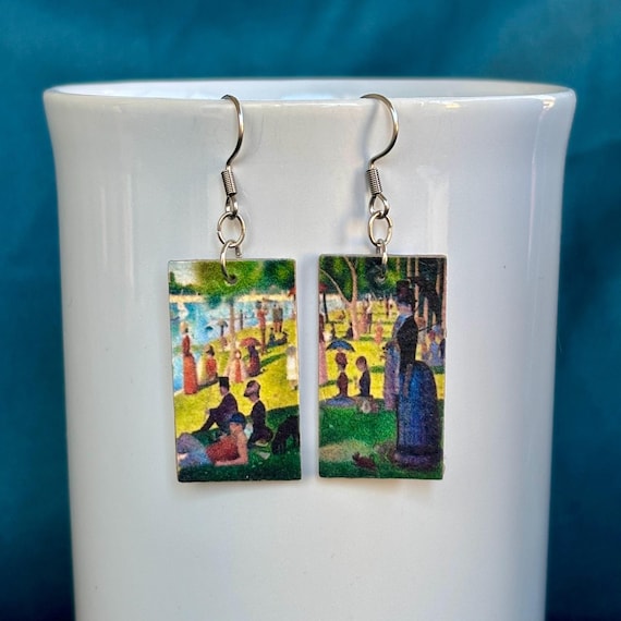 Recycled Paper Earrings, Seurat La Grande Jatte, Famous Painting Jewelry for Art Lovers, Art Teacher Gift for Her, Art Inspired