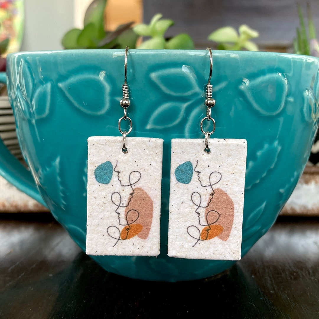 Recycled Handmade Paper Earrings, Line Art Face Earrings, Recycled