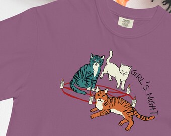Girl's Night Cat Pentagram Shirt, Witchy Cats Tee, gift for Cat Lovers, Halloween spooky vibes shirt, funny witchcraft shirt