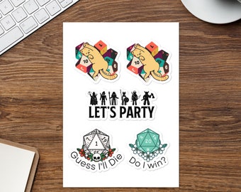DnD Variety Sticker sheet, Gift for RPG Player, Cat sticker, Party Sticker, D20 Sticker