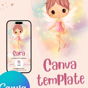 Invito Compleanno Fatina | Modello Canva Personalizzabile da Stampare o Inviare Digitalmente