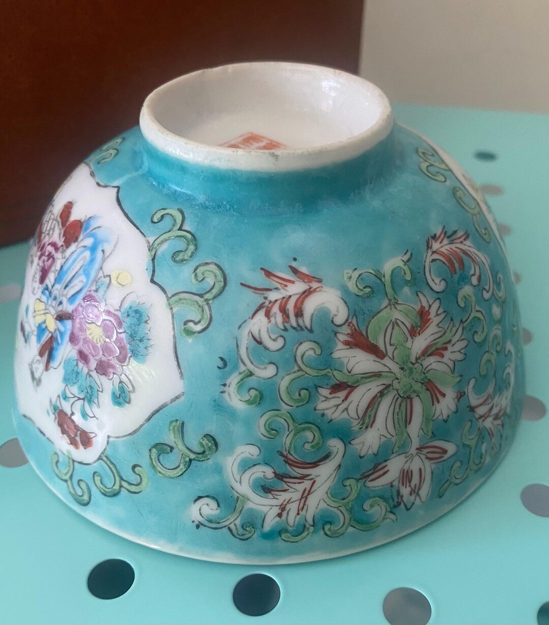 Vintage Hand Painted Porcelain Rice Bowl: Turquoise Floral Design (4.5 ...