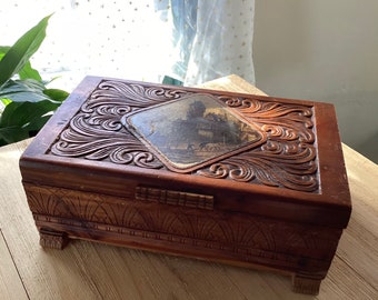 vintage wood cedar carved mid century jewelry or keepsake  box