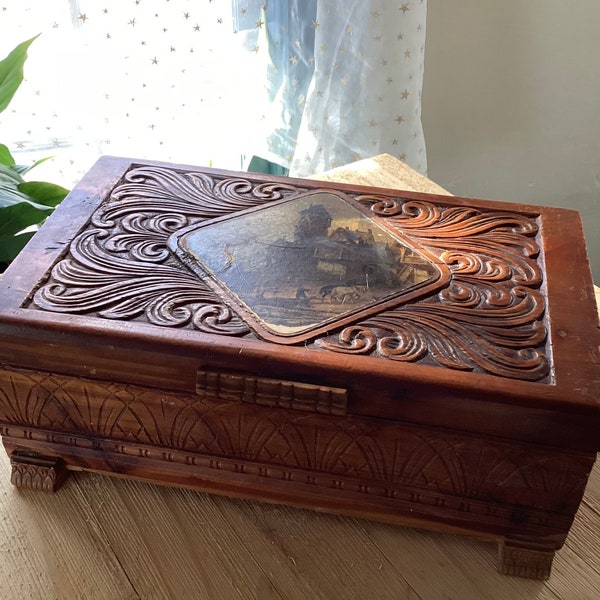 vintage wood cedar carved mid century jewelry or keepsake  box