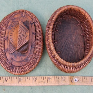 Carved wood and woven  small basket-box  Indonesian, 4.5 &quot; in length, free shipping