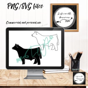 May include: A digital download of two line art cow silhouettes. One cow is black and the other is white. The image is displayed on a computer screen. The text "Life with Aussies Digital" is visible in the image.