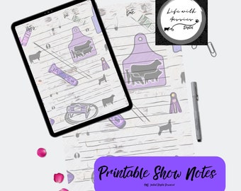 May include: Printable show notes for livestock shows with a purple and white design. The notes feature a cow silhouette, a halter, a show stick, and a purple ear tag. The text "Printable Show Notes" is in a purple box.